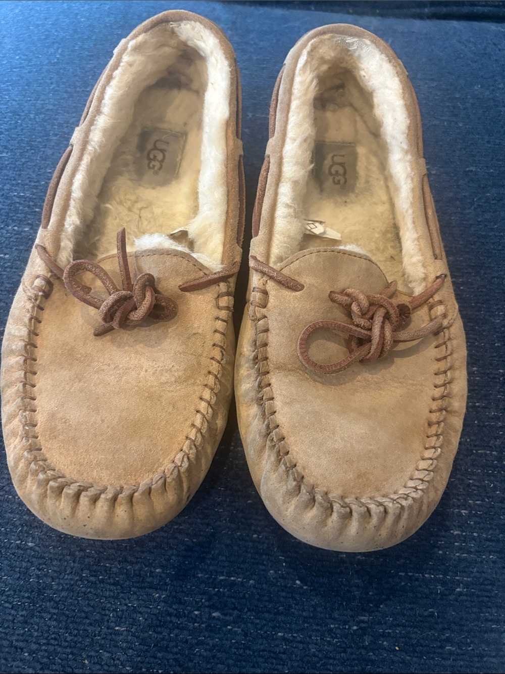 UGG Tan Suede Moccasin Slippers with Shearling Trim